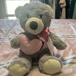 Gray Teddy Bear Plush with Pink Heart and Ribbon Bow - Kids Stuffed Animal